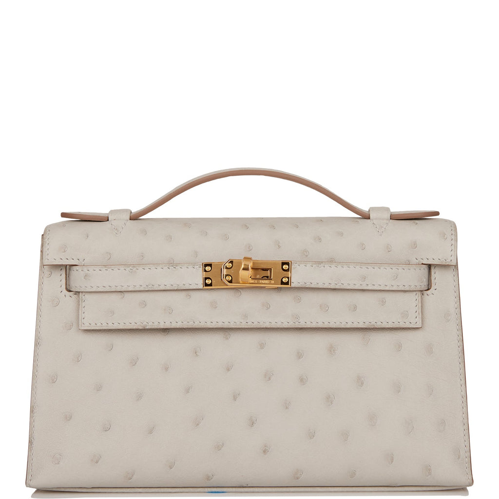 Hermes Kelly Pochette Gris Perle Ostrich Gold Hardware