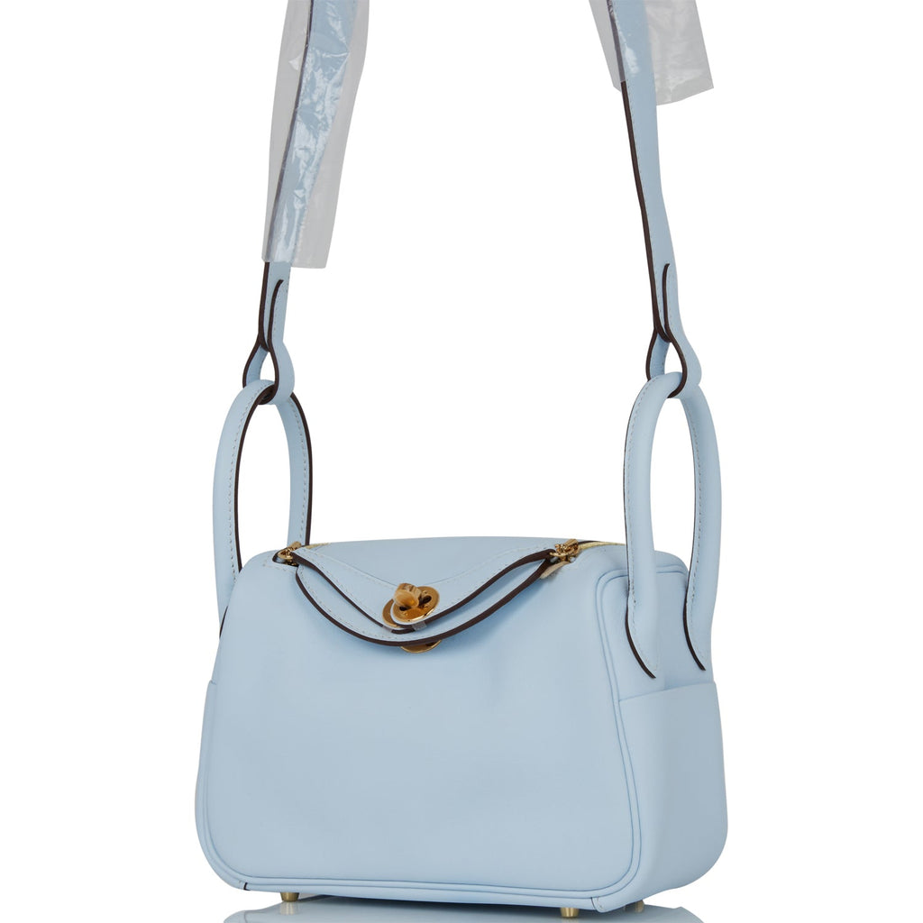 Hermes Mini Lindy Bleu Brume Swift Gold Hardware
