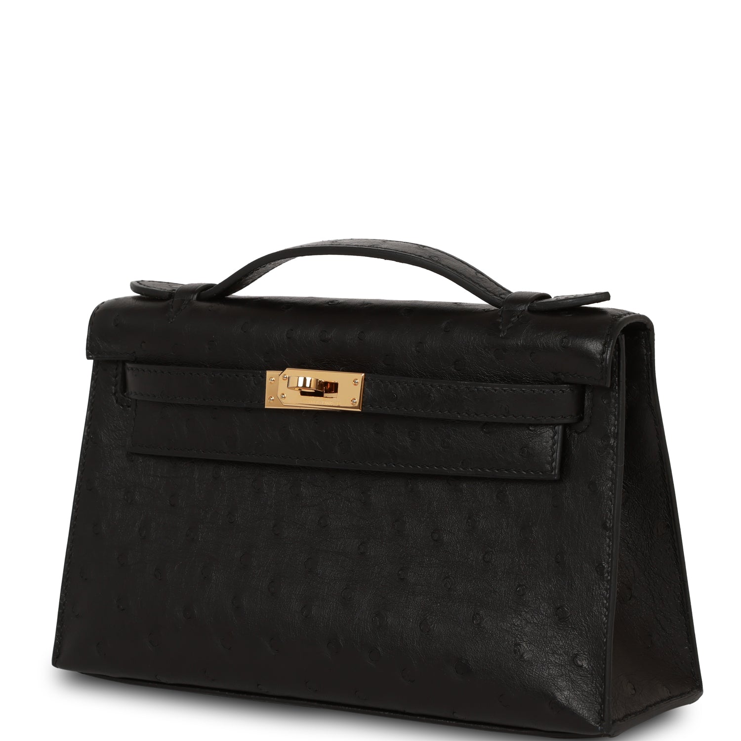 Pre-owned Hermes Kelly Pochette Black Ostrich Gold Hardware