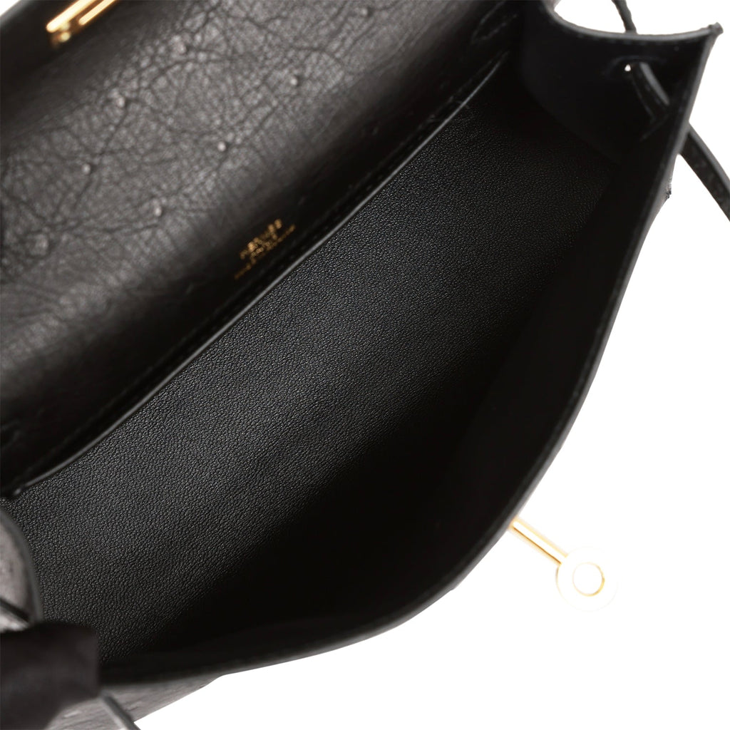 Pre-owned Hermes Kelly Pochette Black Ostrich Gold Hardware