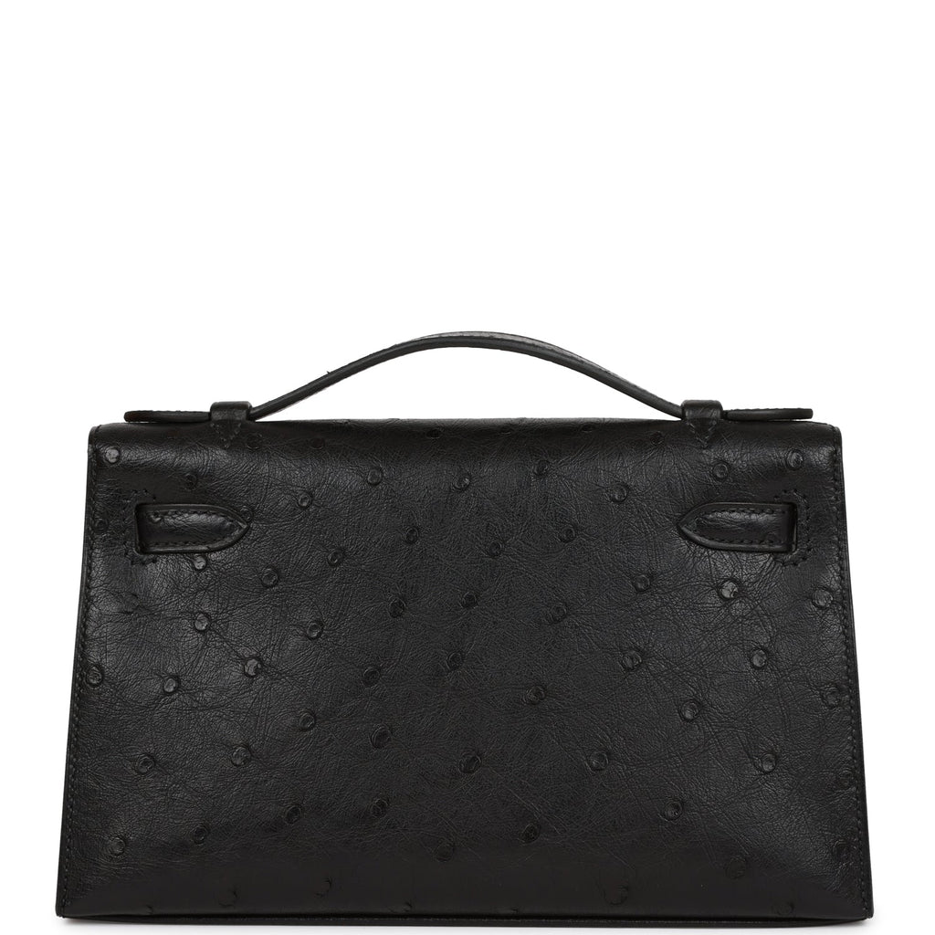 Hermes Kelly Pochette Black Ostrich Gold Hardware