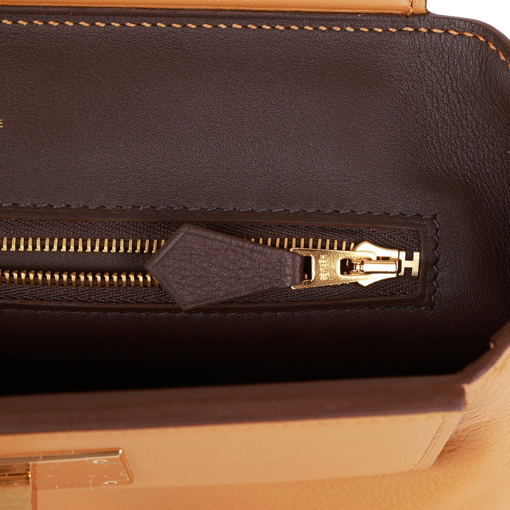 Hermes Mini 24/24 Bag Caramel Evercolor and Sesame Swift Verso Gold Hardware