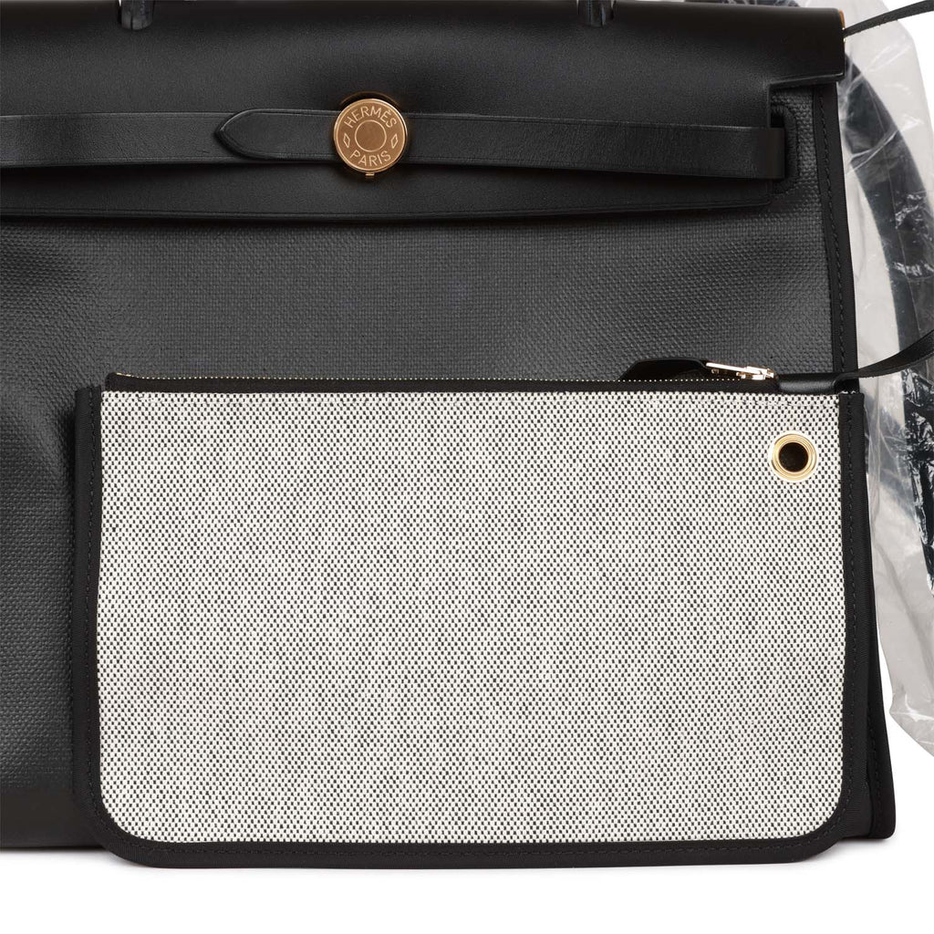 Hermes Herbag Zip PM 31 Black and Ecru Toile H Berline Vache Hunter Gold Hardware