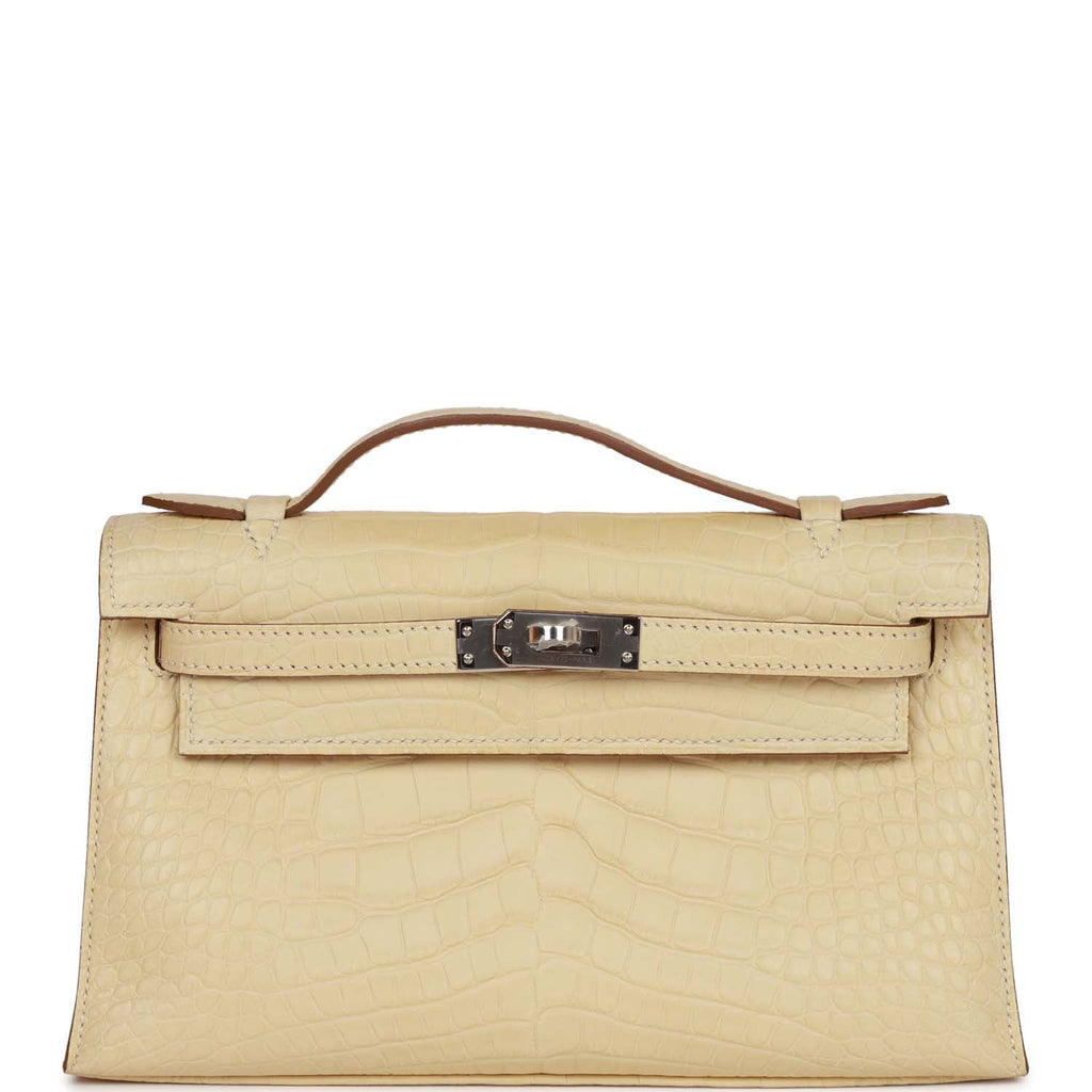 Hermes Kelly Pochette Vanille Matte Alligator Palladium Hardware HR