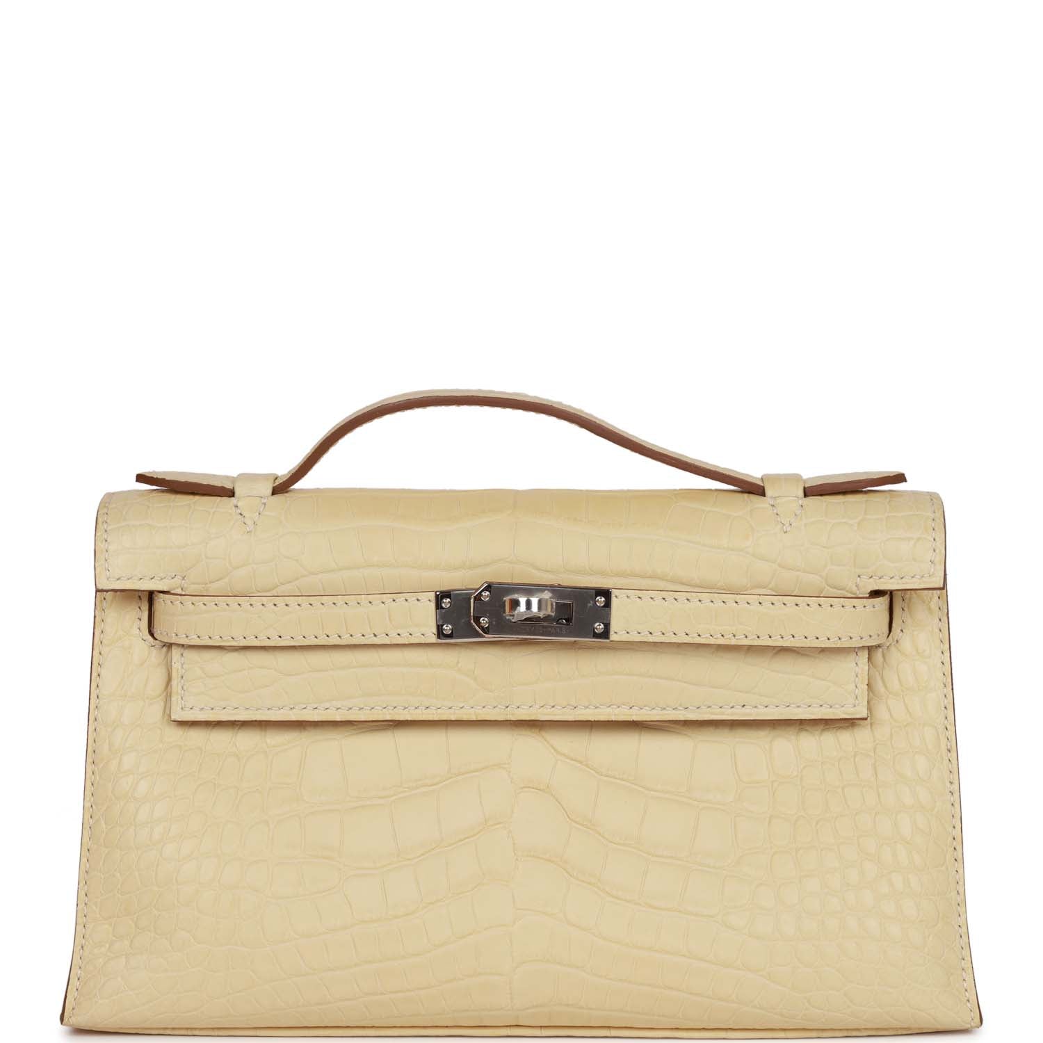 Hermes Kelly Pochette Vanille Matte Alligator Palladium Hardware HR