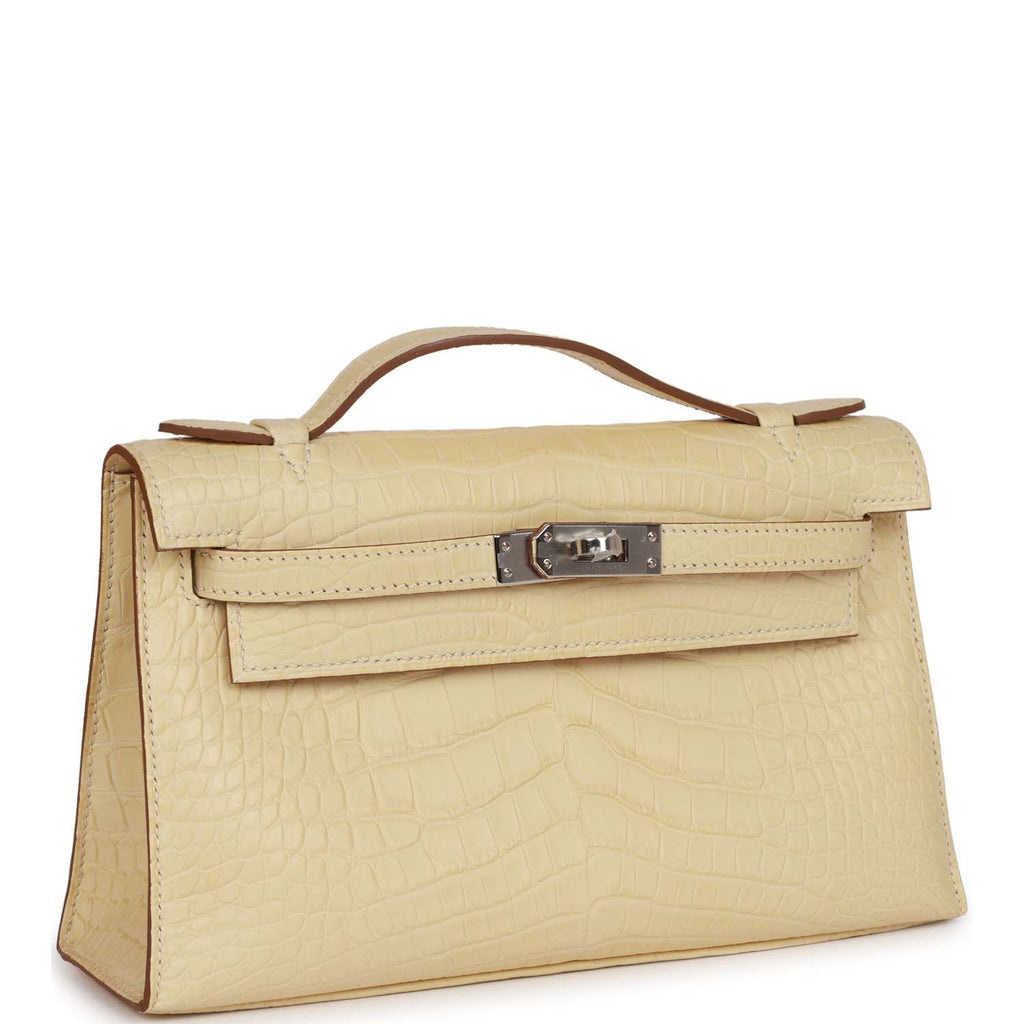 Hermes Kelly Pochette Vanille Matte Alligator Palladium Hardware HR