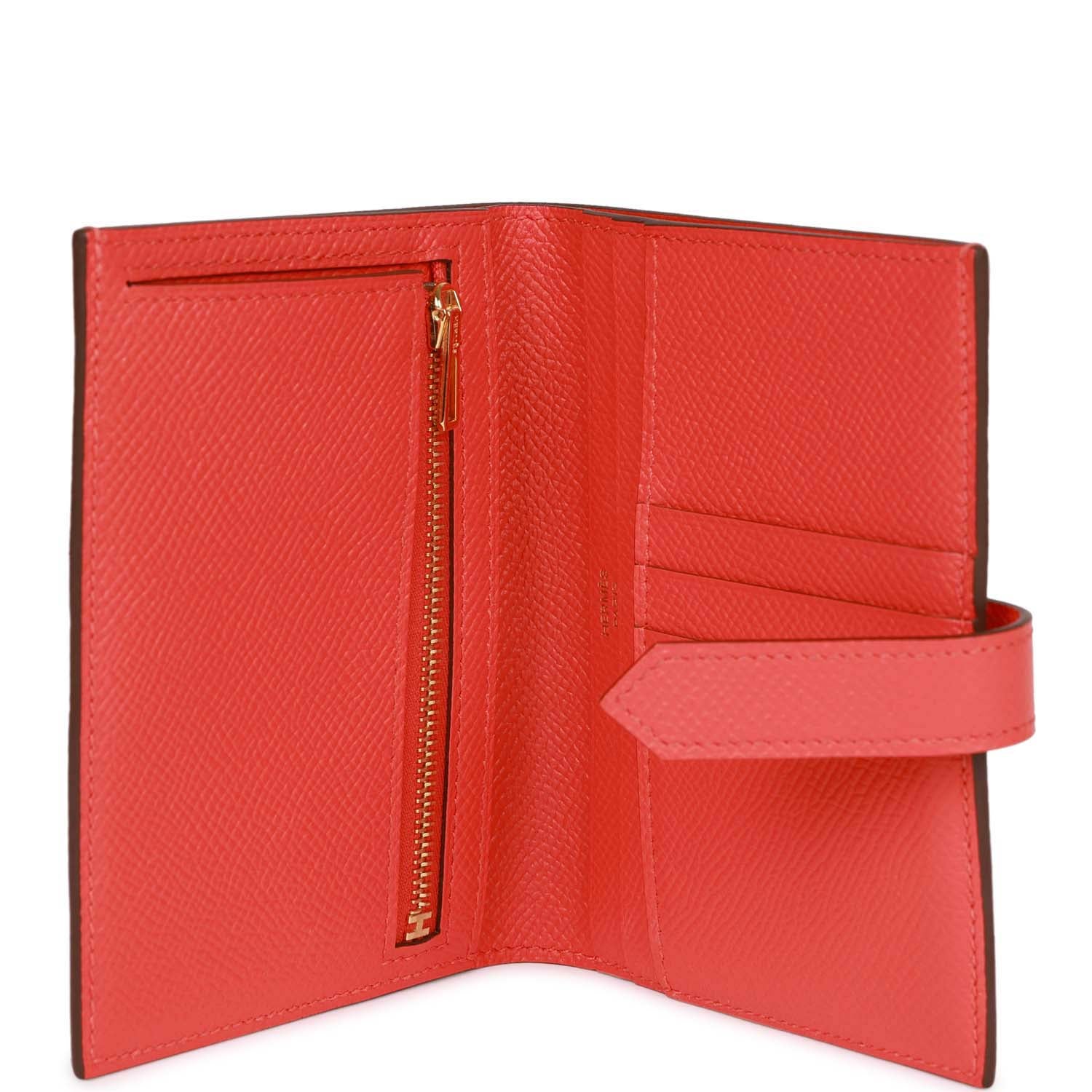 Pre-owned Hermes Bearn Compact Wallet Rouge de Coeur Epsom Gold Hardware