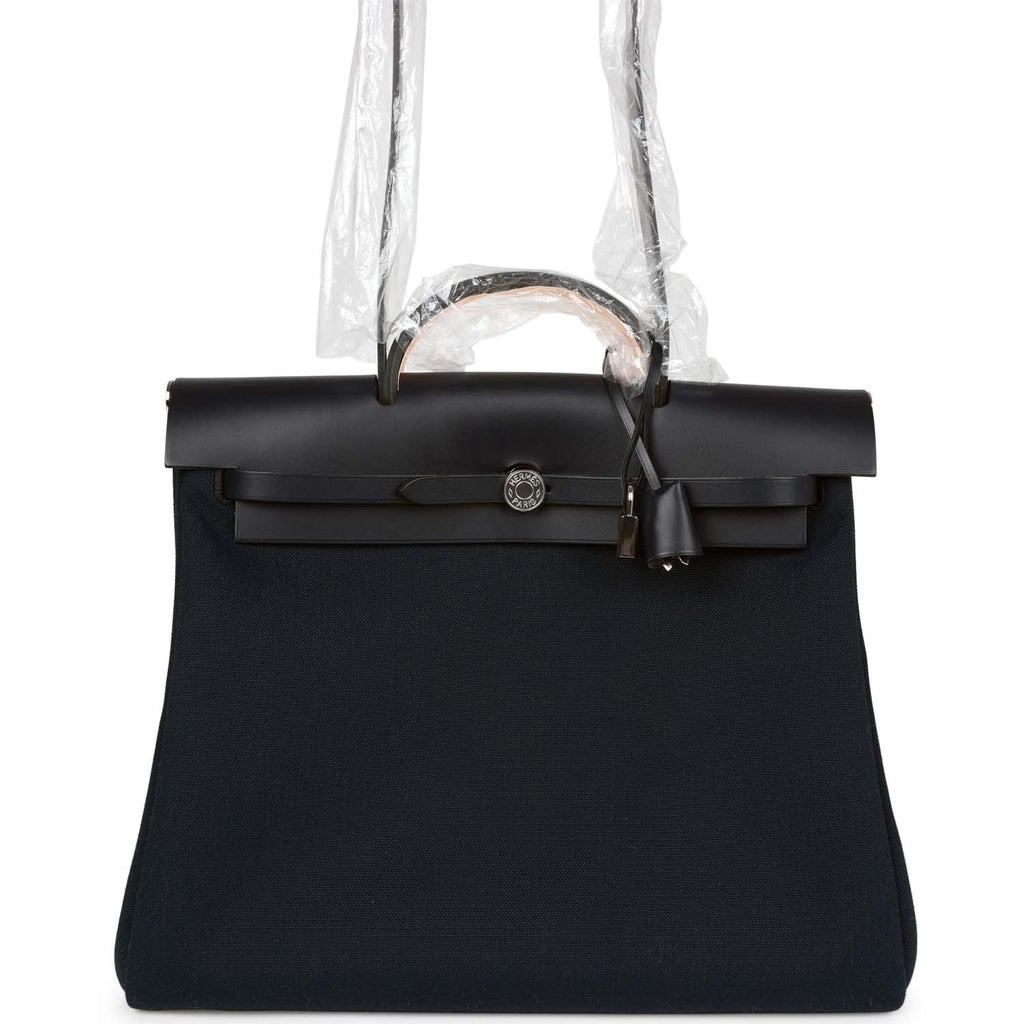Hermes Herbag 39 Bleu Marine/Bleu Indigo Toile Militaire and Vache Hunter Palladium Hardware