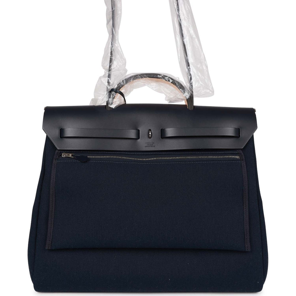 Hermes Herbag 39 Bleu Marine/Bleu Indigo Toile Militaire and Vache Hunter Palladium Hardware