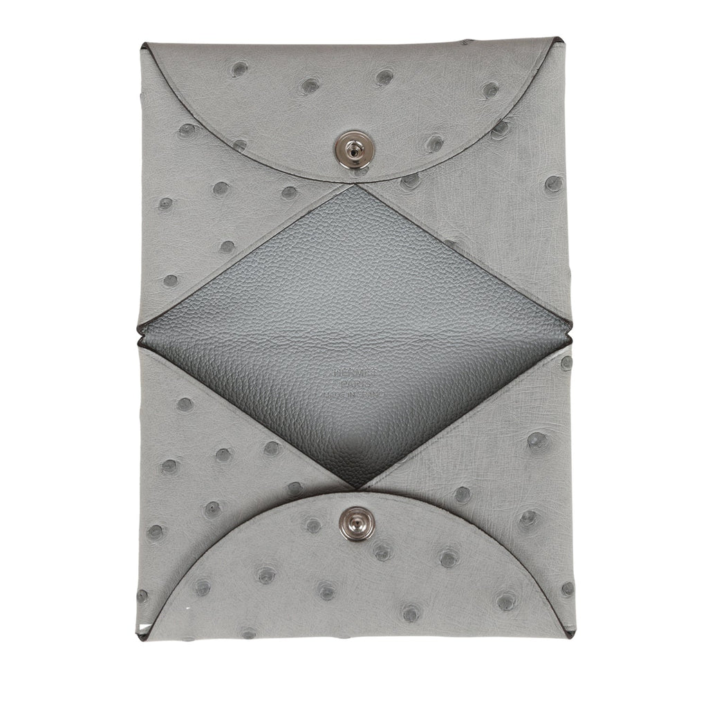 Hermes Calvi Card Holder Gris Perle Ostrich Palladium Hardware