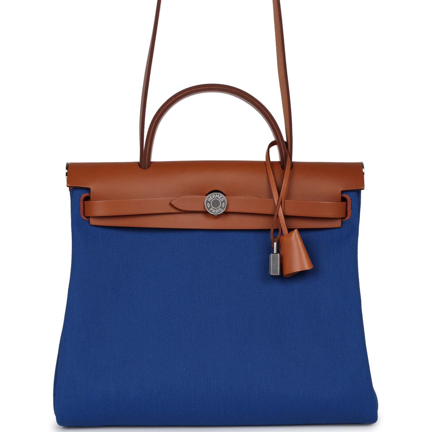 Hermes Herbag Zip PM 31 Bleu France Toile H Fauve Vache Hunter Palladium Hardware