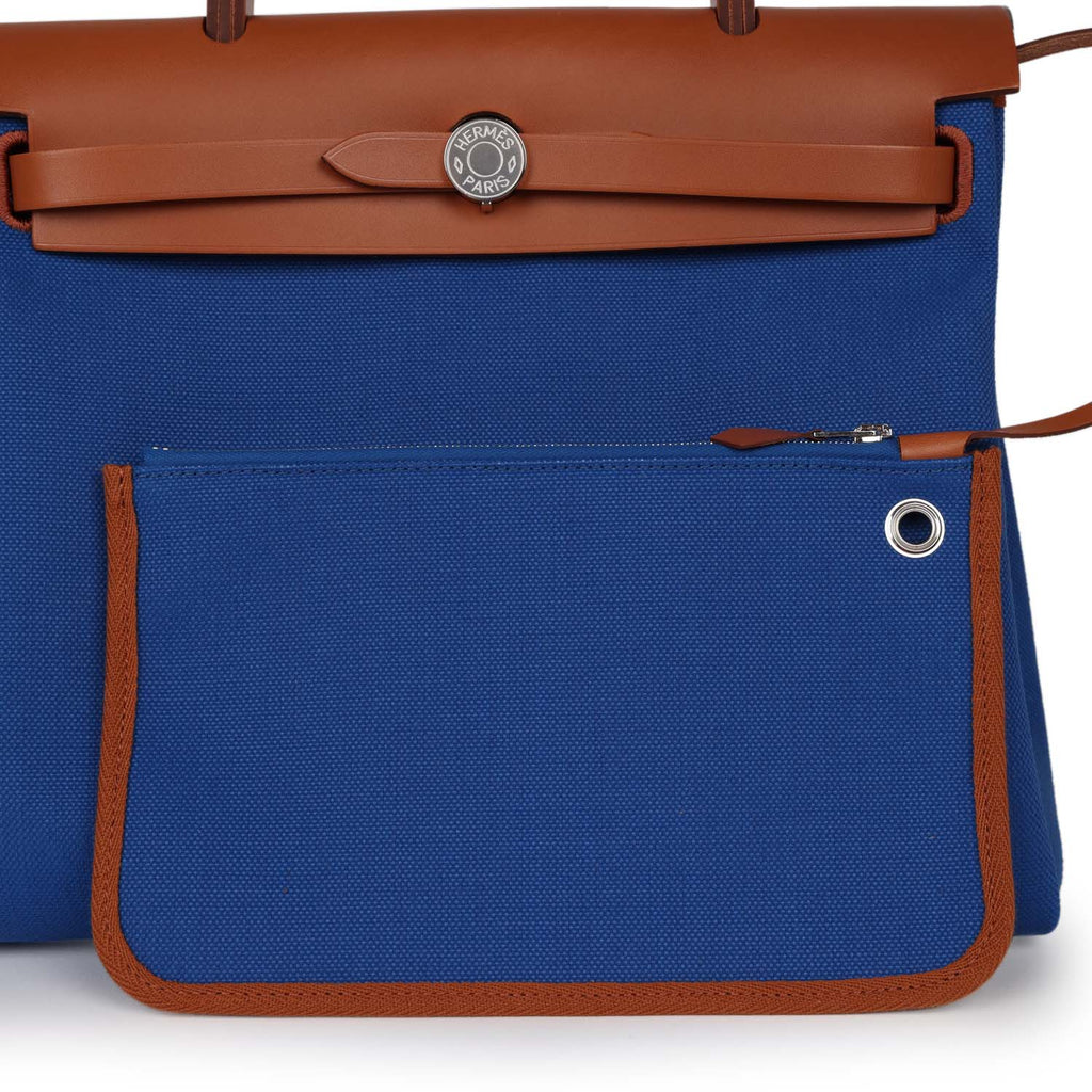 Hermes Herbag Zip PM 31 Bleu France Toile H Fauve Vache Hunter Palladium Hardware