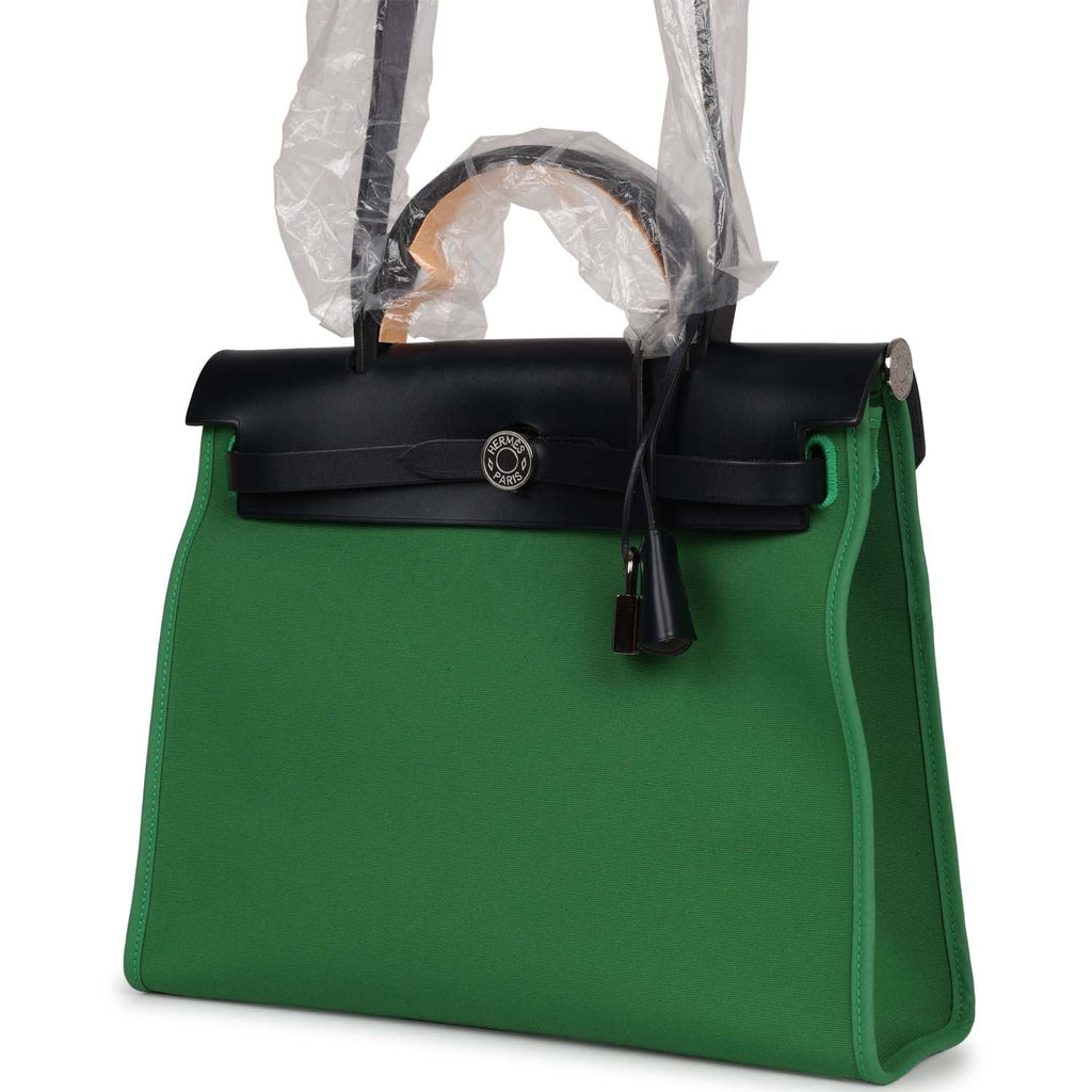 Hermes Herbag Zip PM 31 Bamboo Toile H/Bleu Indigo Vache Hunter Palladium Hardware