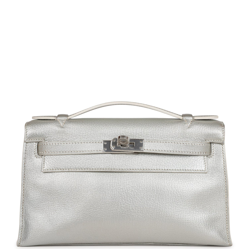 Vintage Hermes Kelly Pochette Silver Metallic Chevre Palladium Hardware