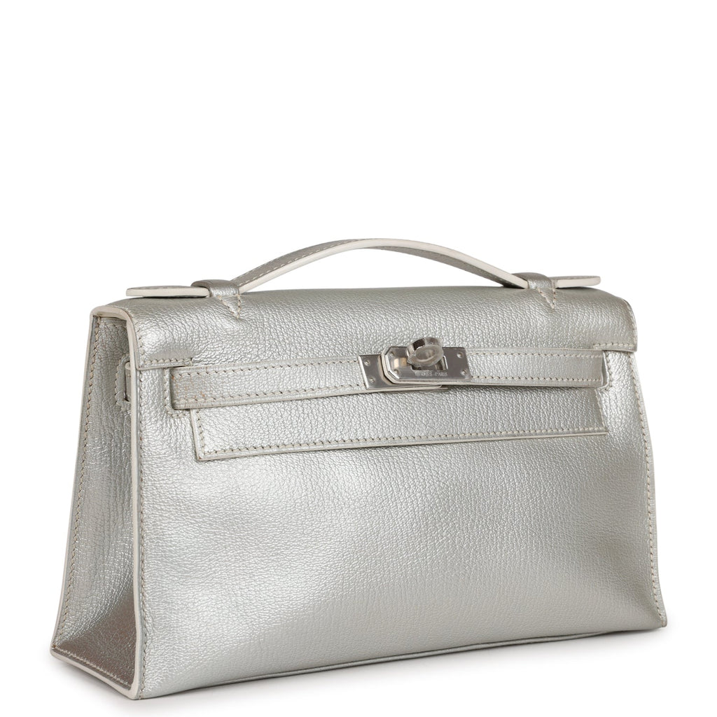 Vintage Hermes Kelly Pochette Silver Metallic Chevre Palladium Hardware