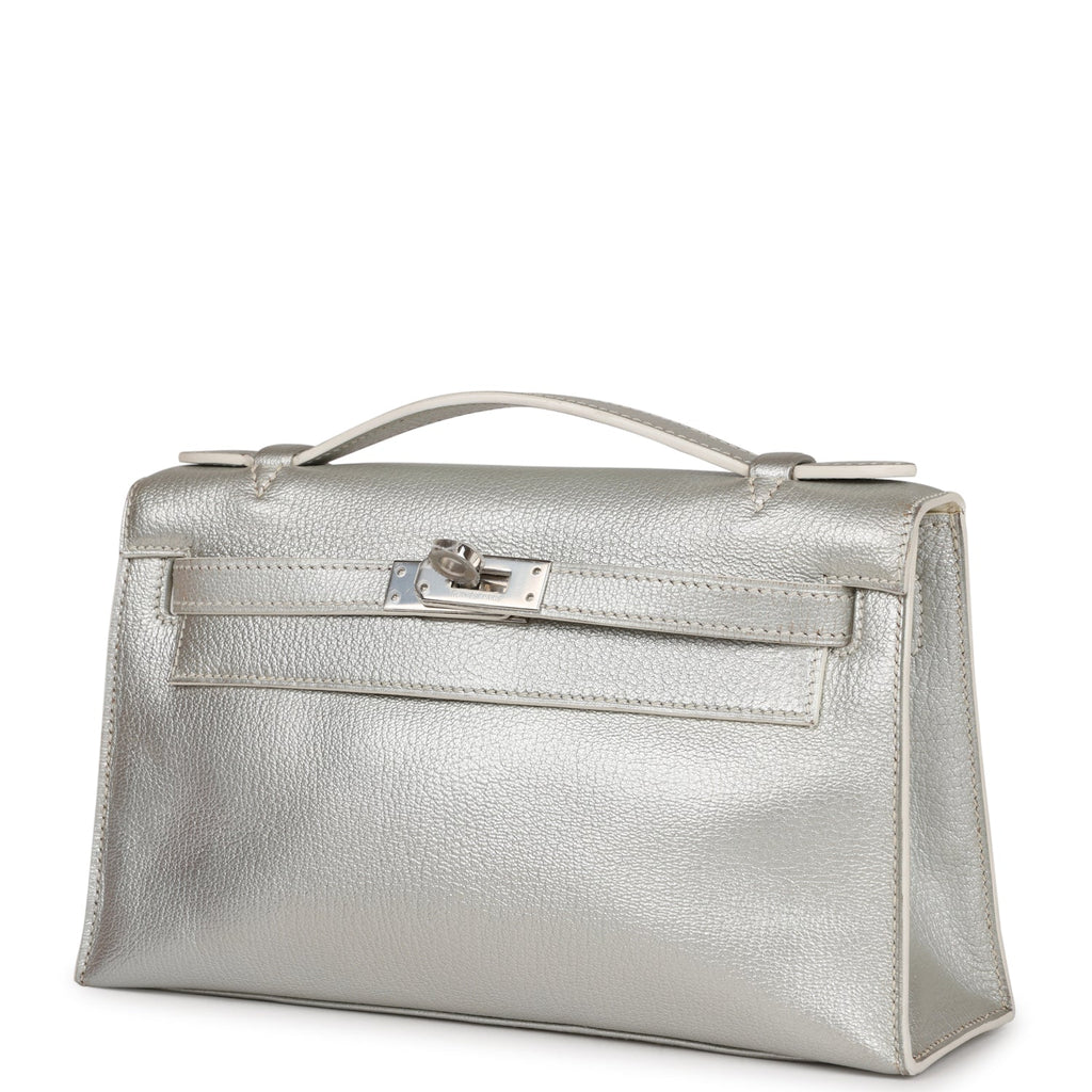Vintage Hermes Kelly Pochette Silver Metallic Chevre Palladium Hardware