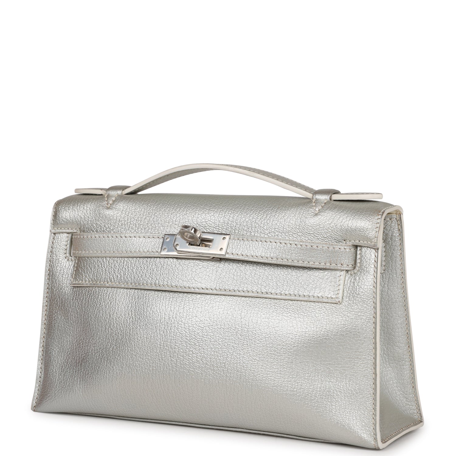 Vintage Hermes Kelly Pochette Silver Metallic Chevre Palladium Hardware