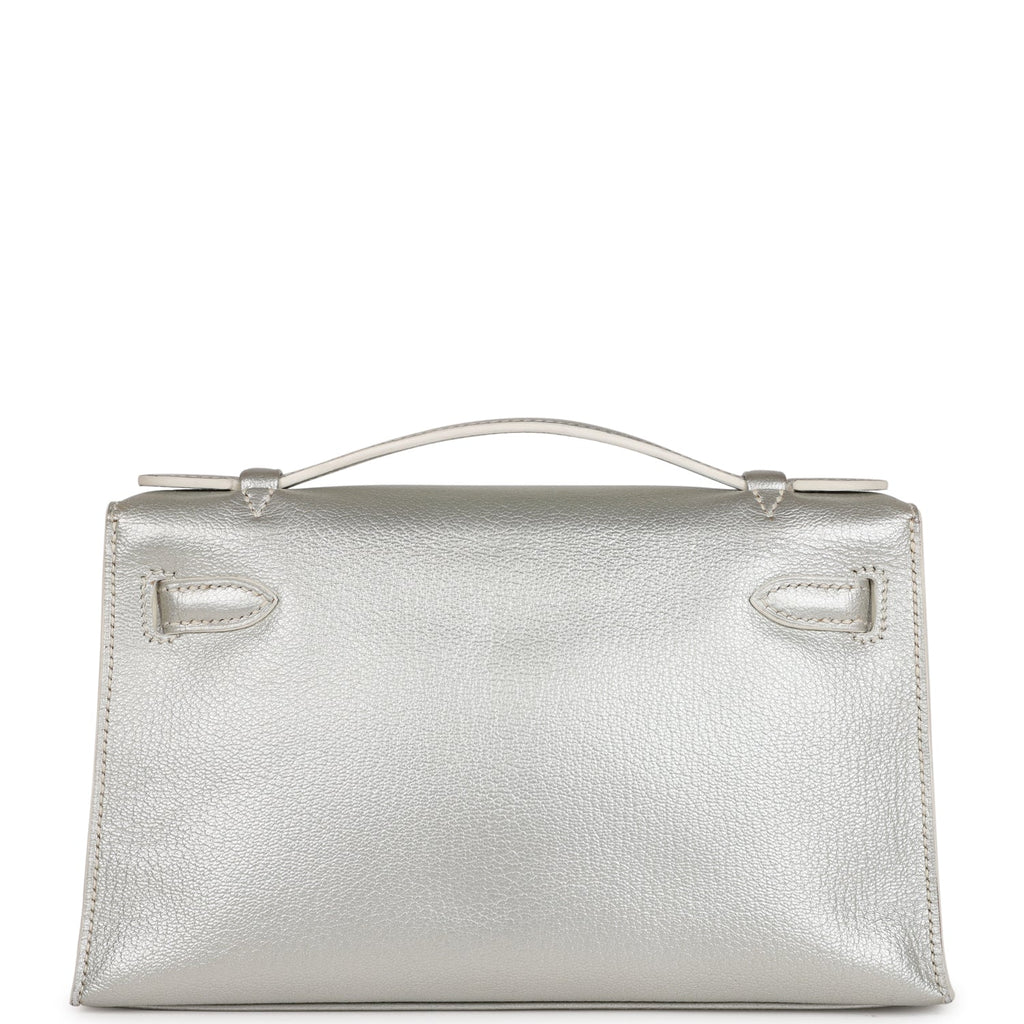 Vintage Hermes Kelly Pochette Silver Metallic Chevre Palladium Hardware