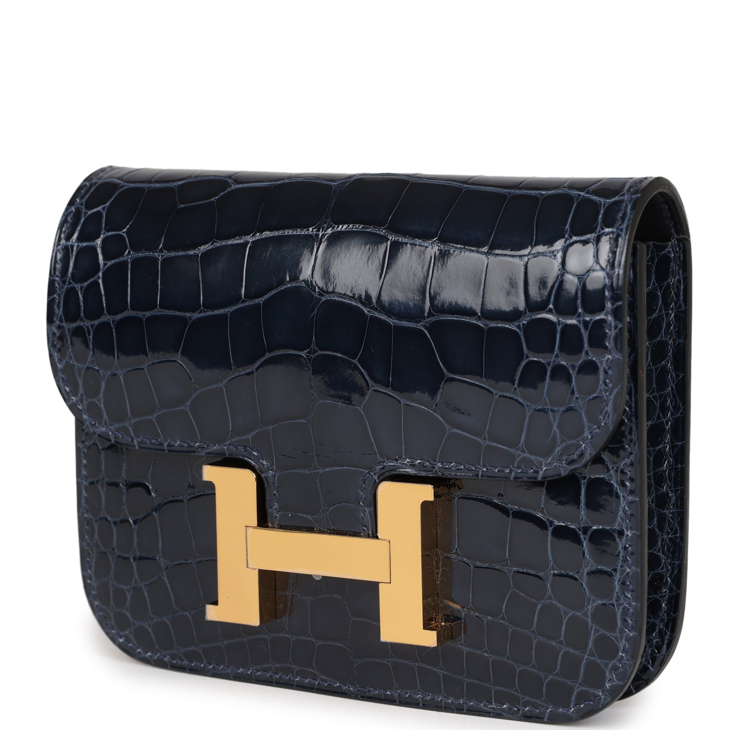 Hermes Constance Slim Wallet Bleu Abysse Shiny Alligator Gold Hardware