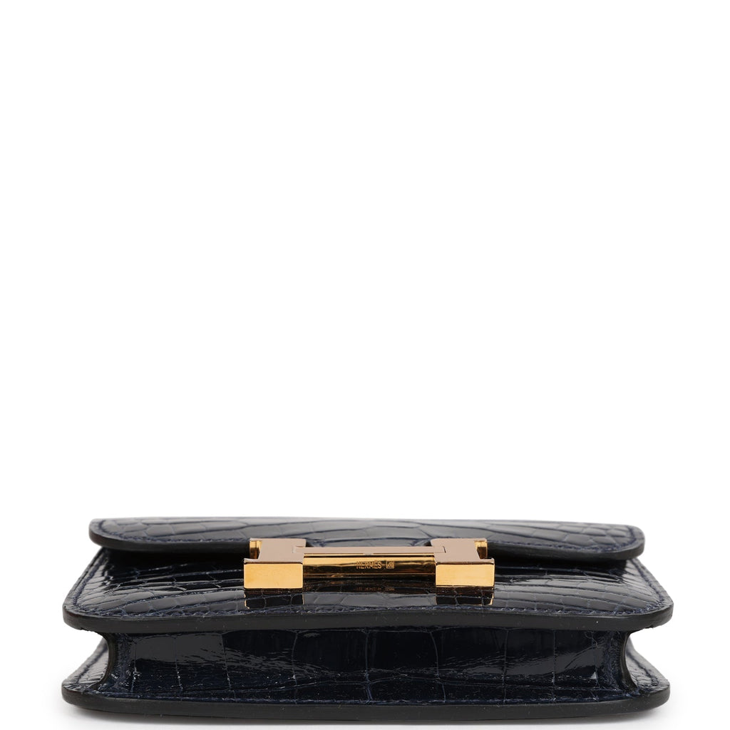 Hermes Constance Slim Wallet Bleu Abysse Shiny Alligator Gold Hardware
