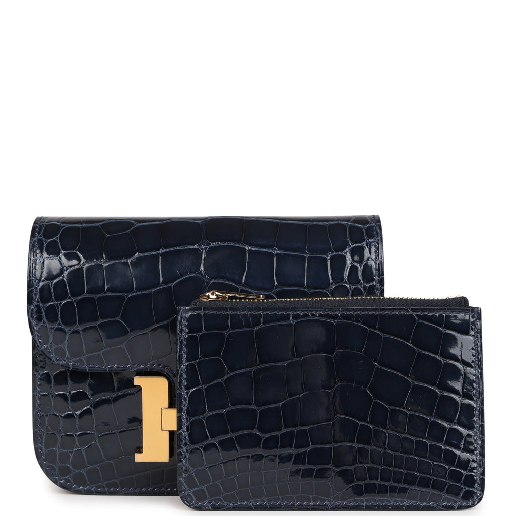 Hermes Constance Slim Wallet Bleu Abysse Shiny Alligator Gold Hardware