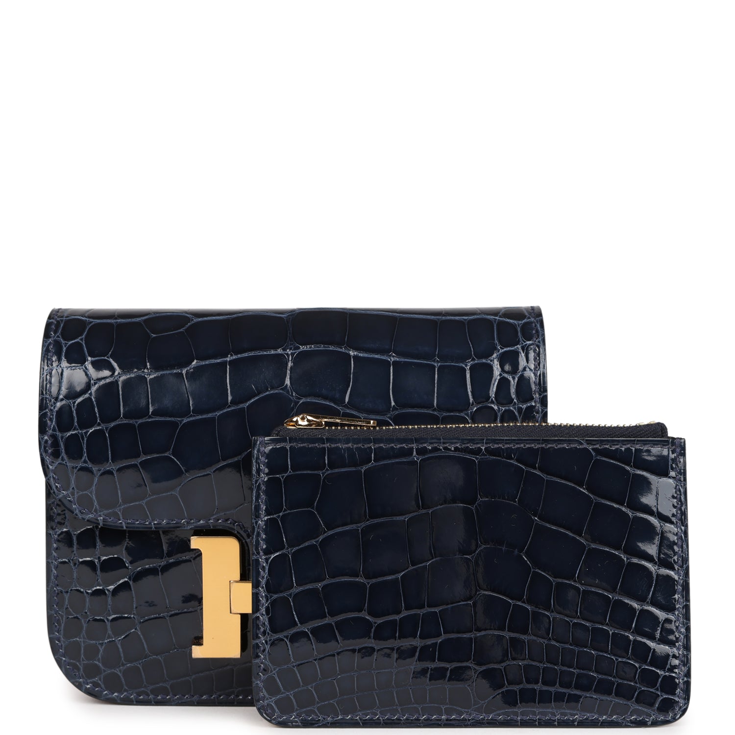Hermes Constance Slim Wallet Bleu Abysse Shiny Alligator Gold Hardware