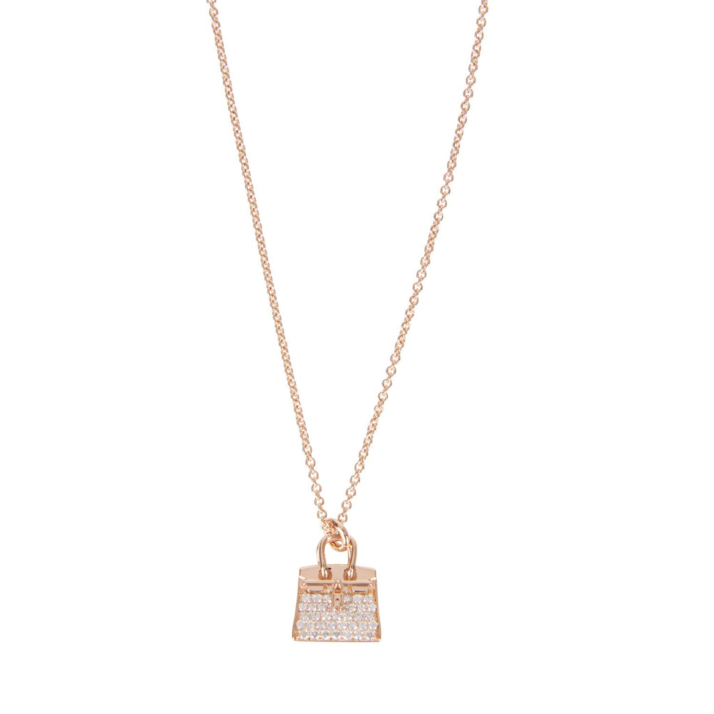 Hermes 18k Rose Gold Diamond Pave Birkin Pendant Necklace