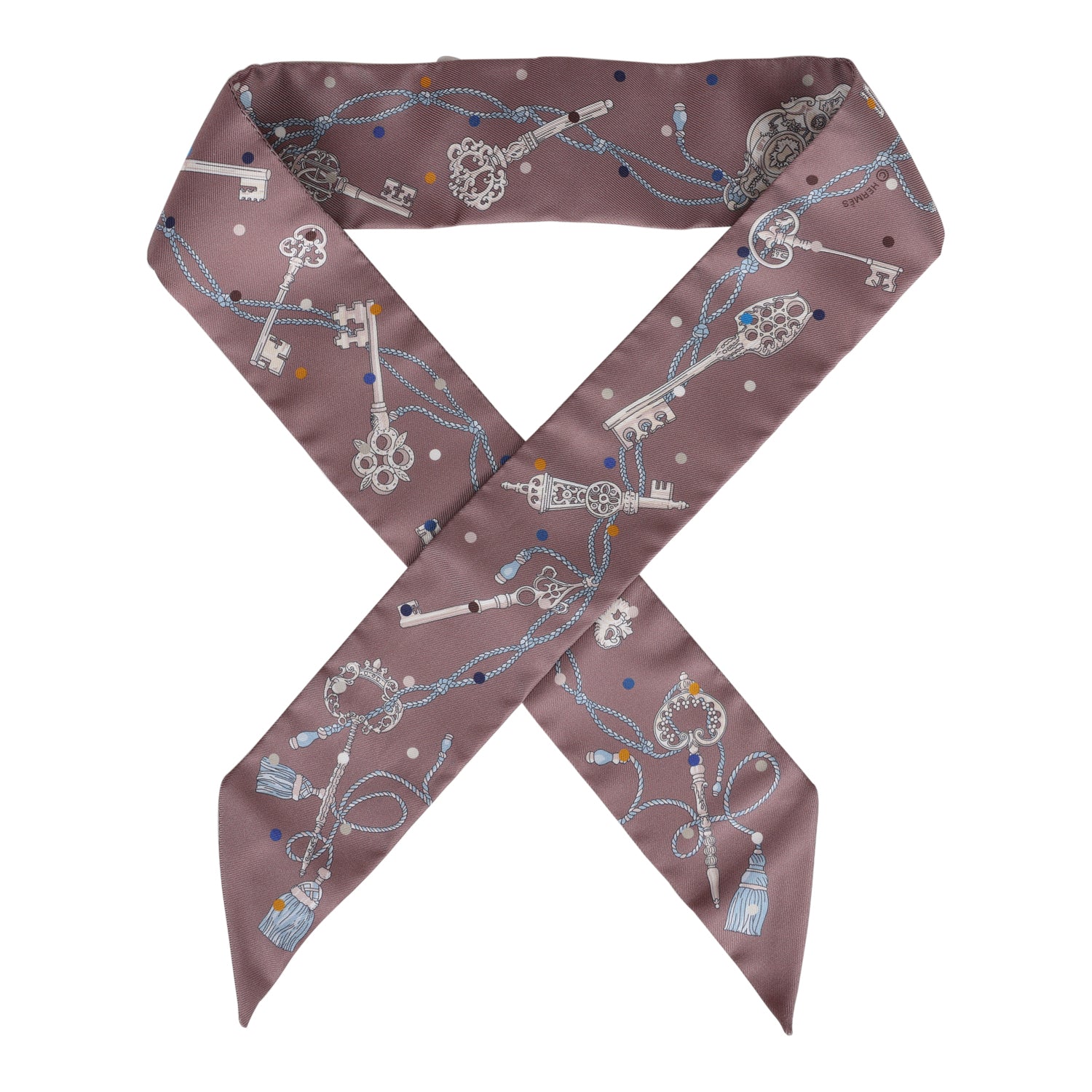 Hermes "Les Cles A Pois" Marron Silk Twilly Pair