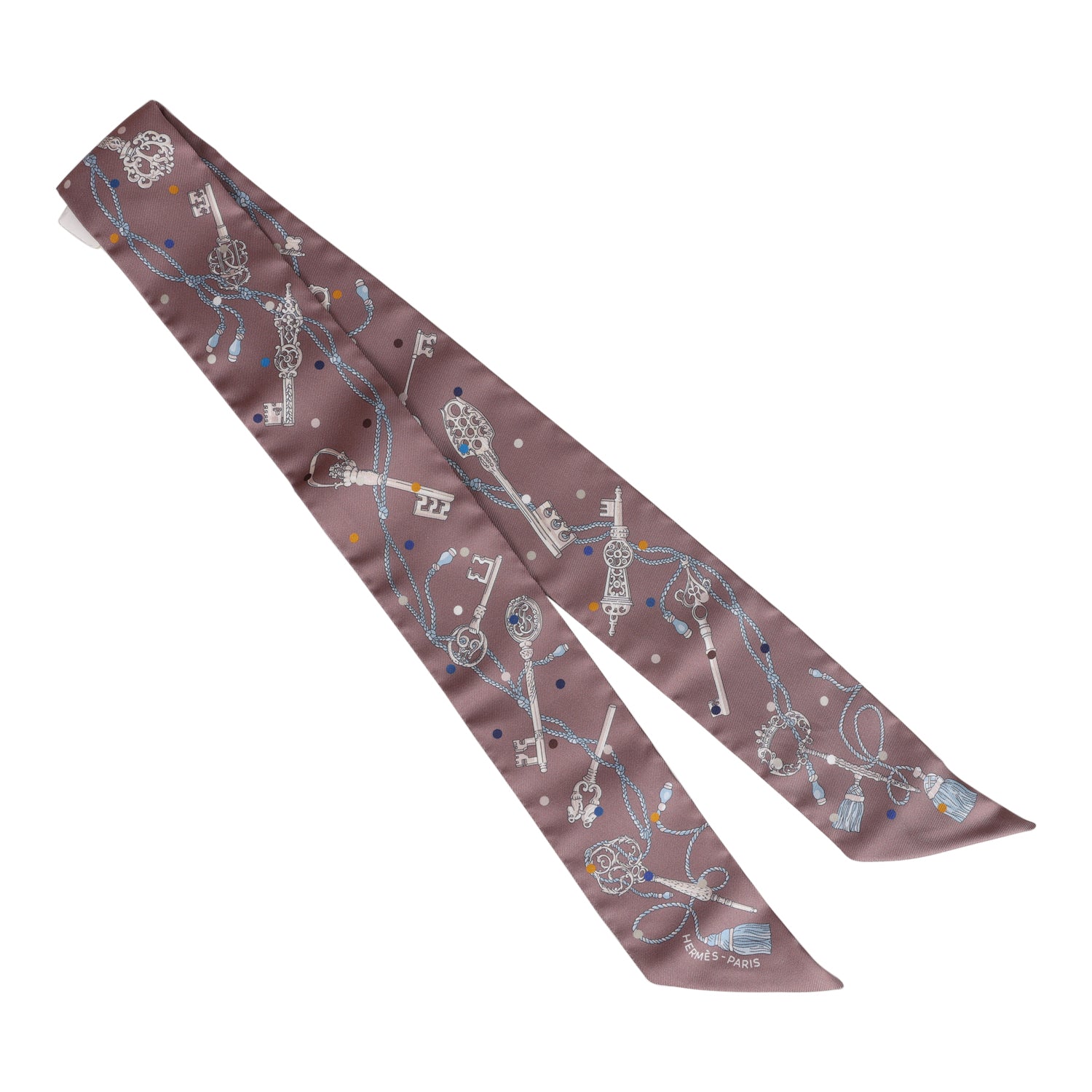 Hermes "Les Cles A Pois" Marron Silk Twilly Pair
