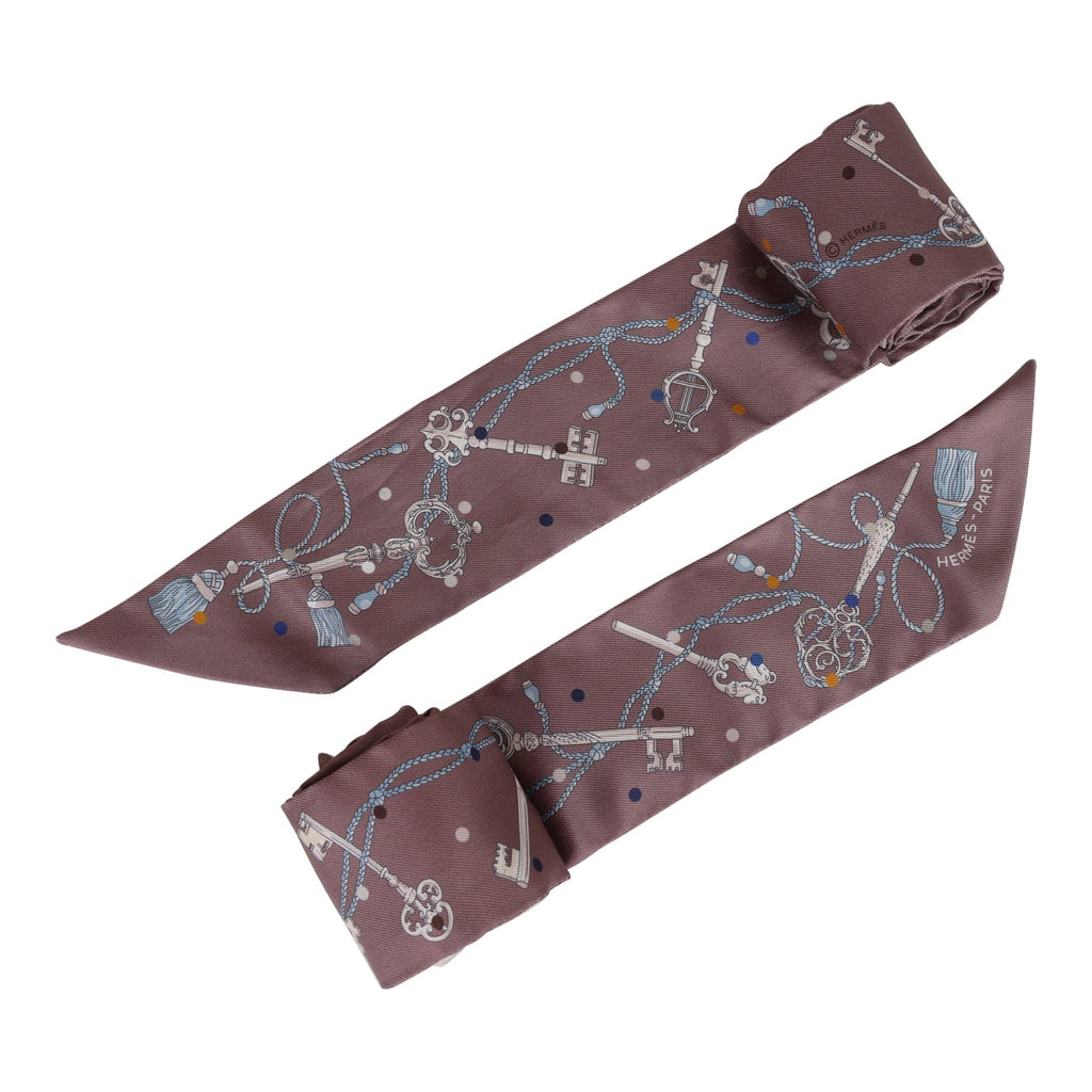Hermes "Les Cles A Pois" Marron Silk Twilly Pair