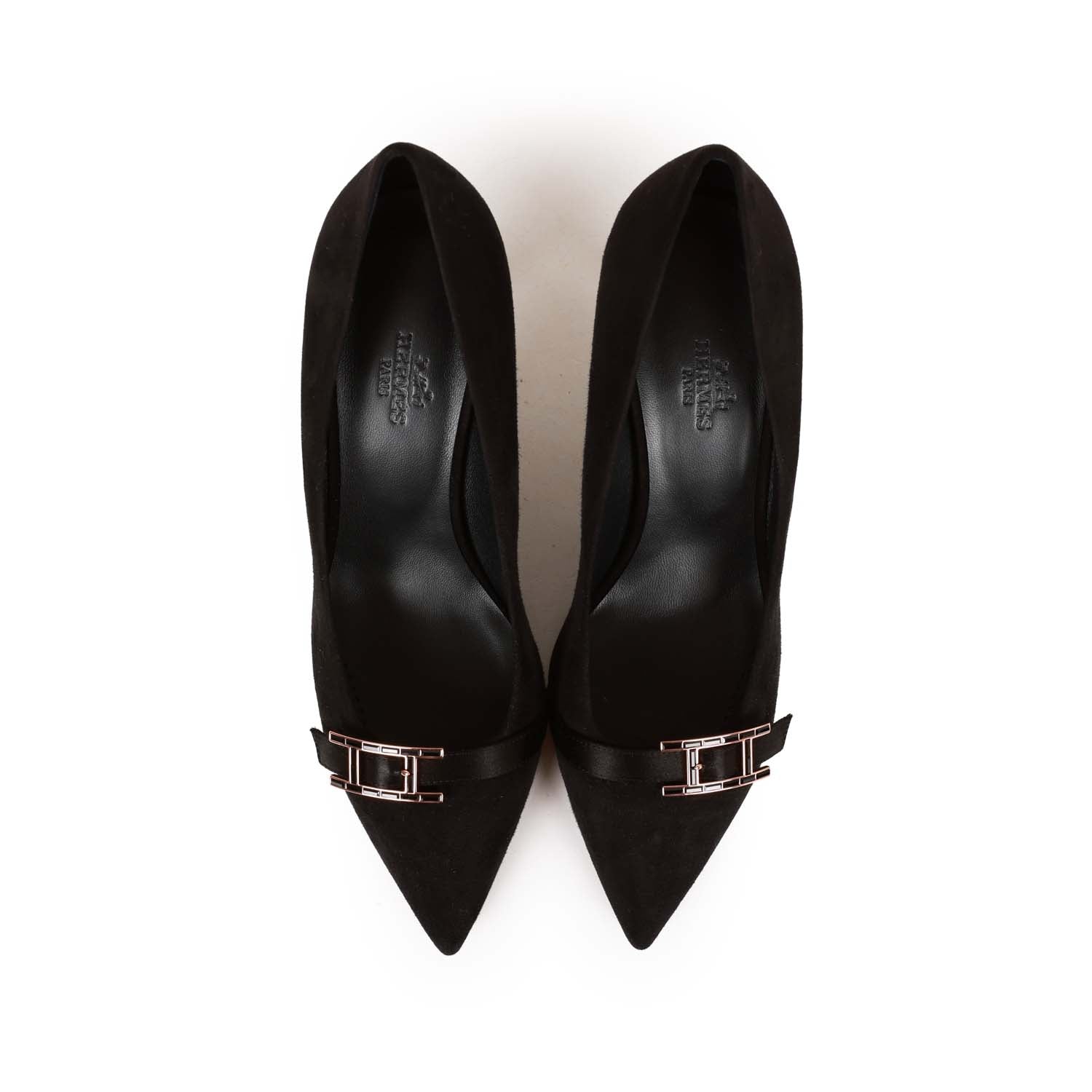 Hermes Blush Pump Black Suede Rose Gold Hardware 38