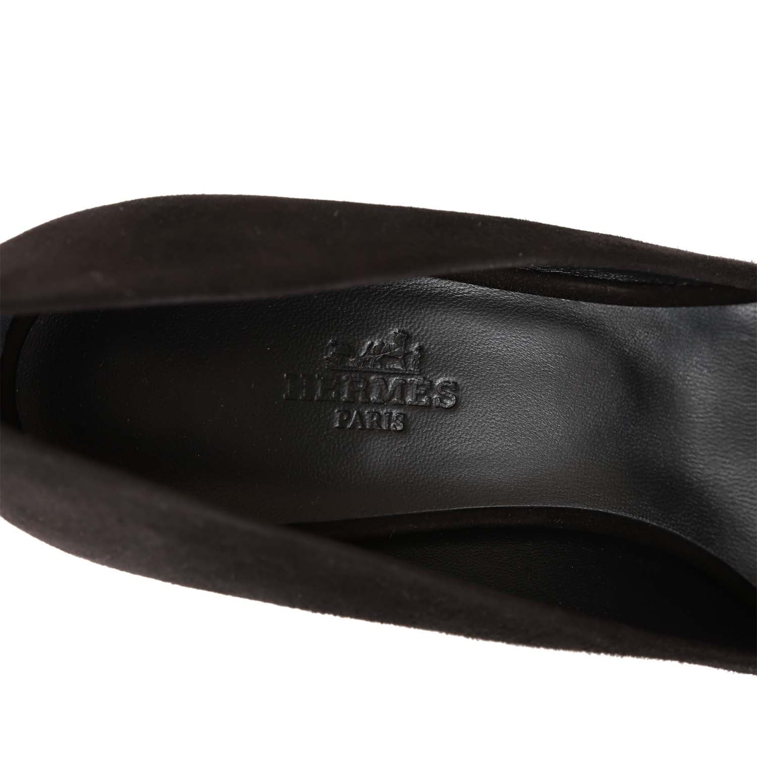 Hermes Blush Pump Black Suede Rose Gold Hardware 38