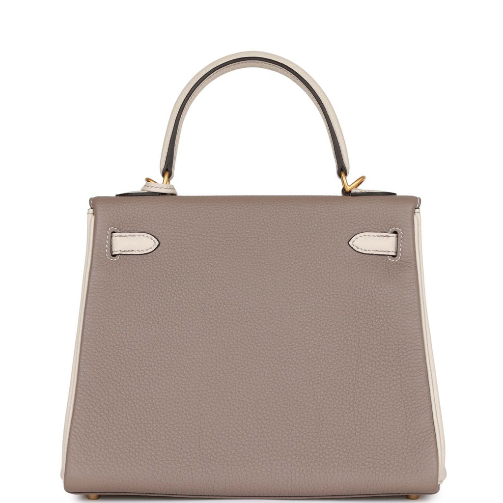 Hermes Special Order (HSS) Kelly Retourne 25 Gris Asphalte and Craie Togo Brushed Gold Hardware
