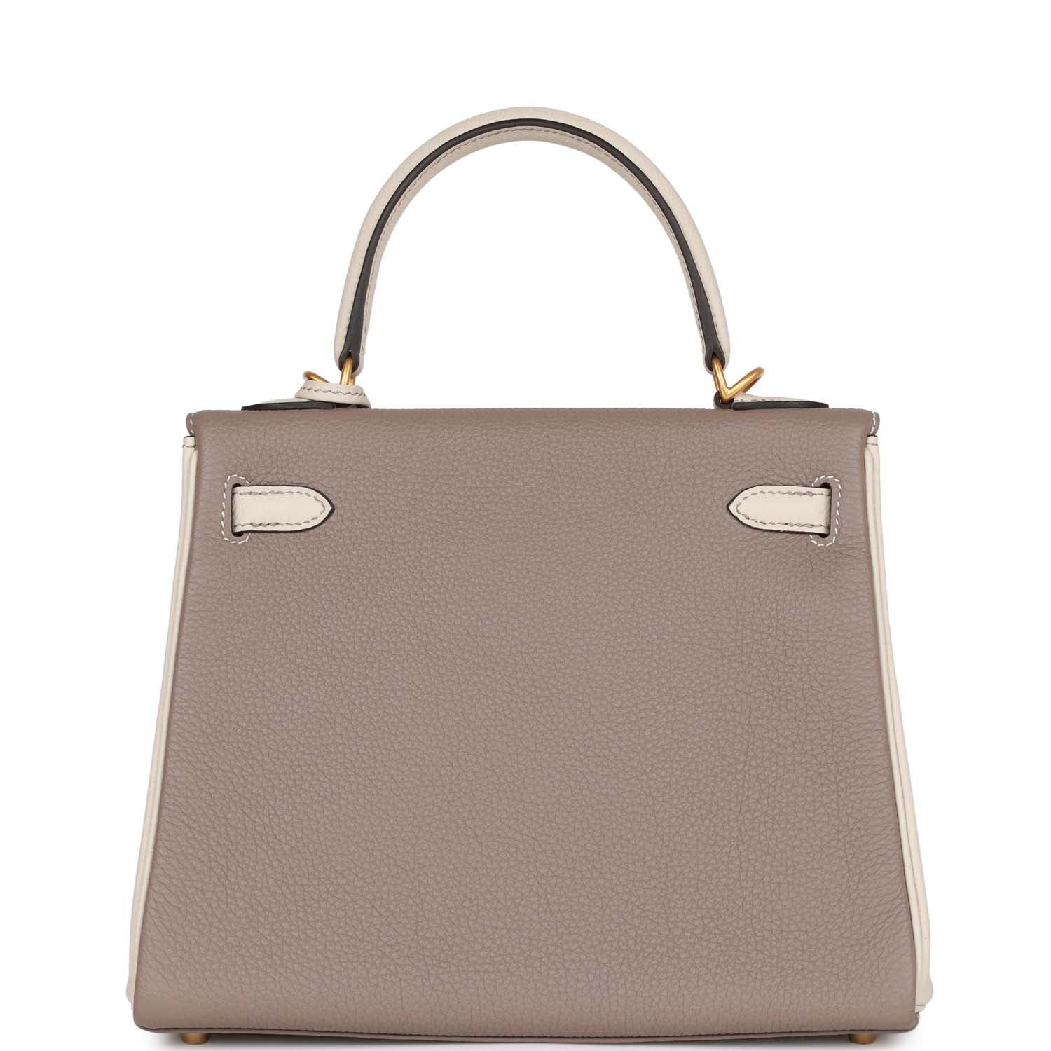 Hermes Special Order (HSS) Kelly Retourne 25 Gris Asphalte and Craie Togo Brushed Gold Hardware