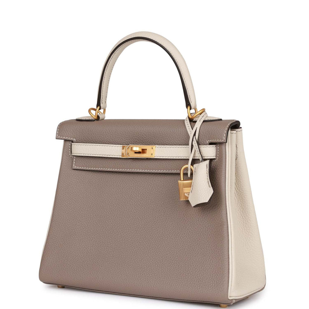 Hermes Special Order (HSS) Kelly Retourne 25 Gris Asphalte and Craie Togo Brushed Gold Hardware