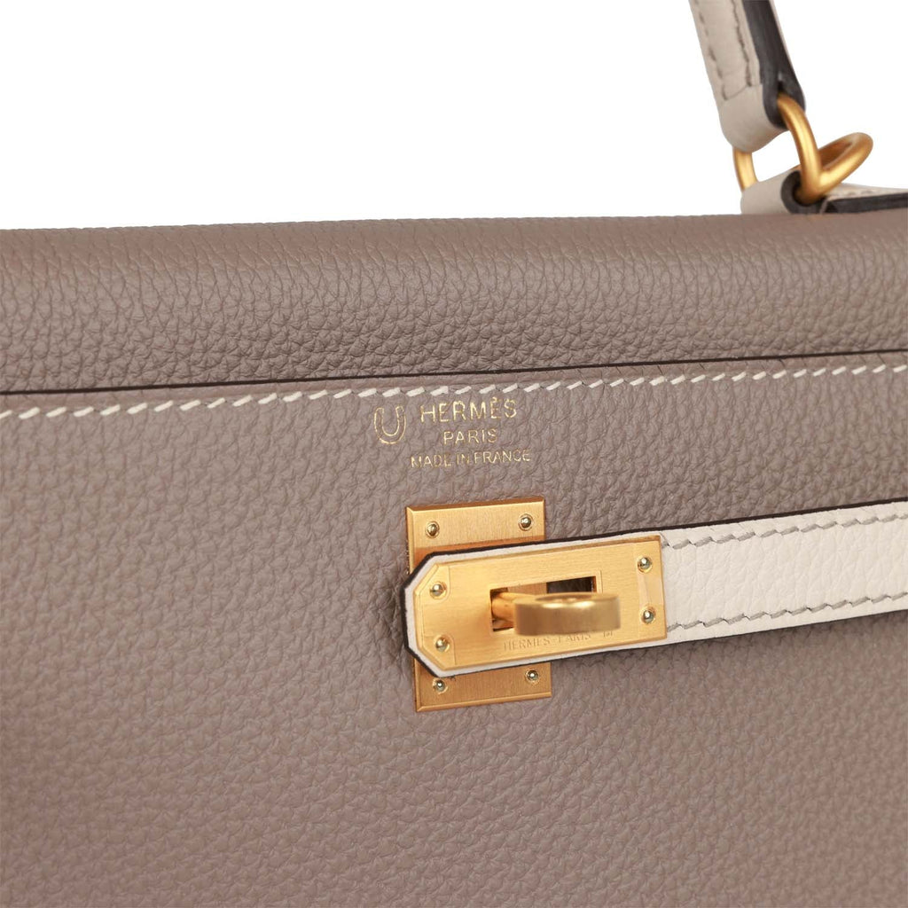 Hermes Special Order (HSS) Kelly Retourne 25 Gris Asphalte and Craie Togo Brushed Gold Hardware