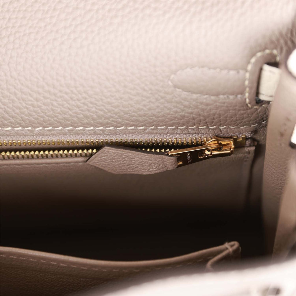 Hermes Special Order (HSS) Kelly Retourne 25 Gris Asphalte and Craie Togo Brushed Gold Hardware
