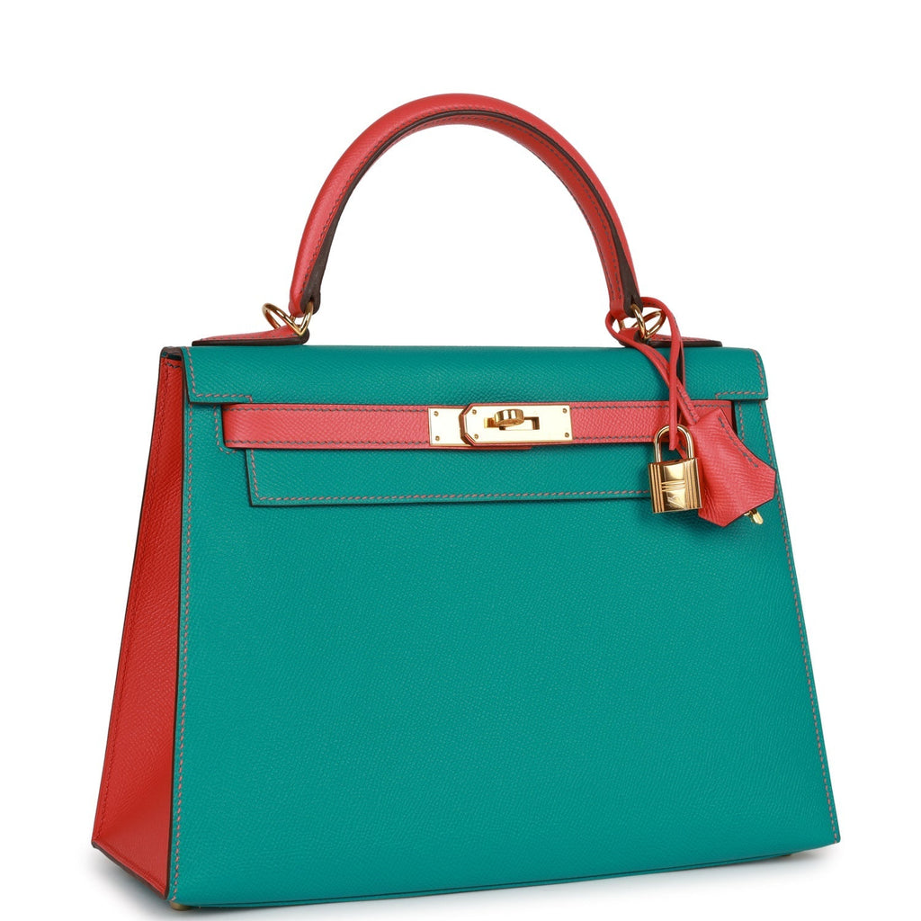 Hermes Special Order (HSS) Kelly Sellier 28 Bleu Paon and Rose Jaipur Epsom Gold Hardware