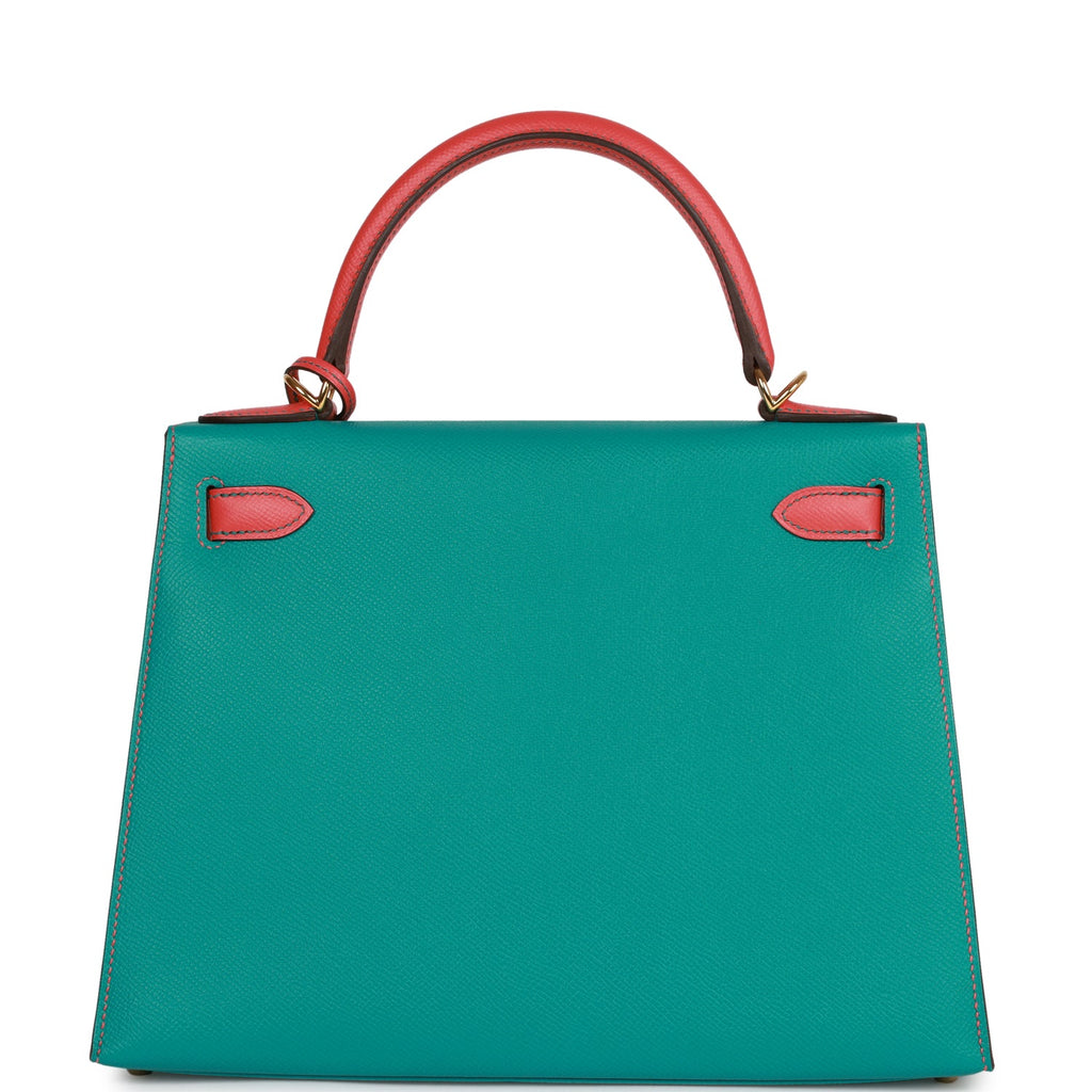Hermes Special Order (HSS) Kelly Sellier 28 Bleu Paon and Rose Jaipur Epsom Gold Hardware