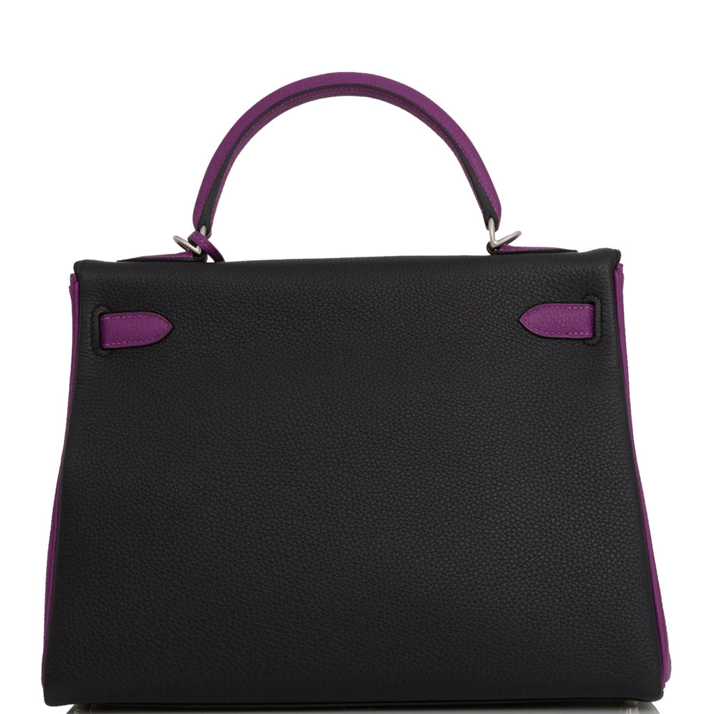 Hermes Special Order (HSS) Kelly Retourne 32 Black and Anemone Togo Brushed Palladium Hardware