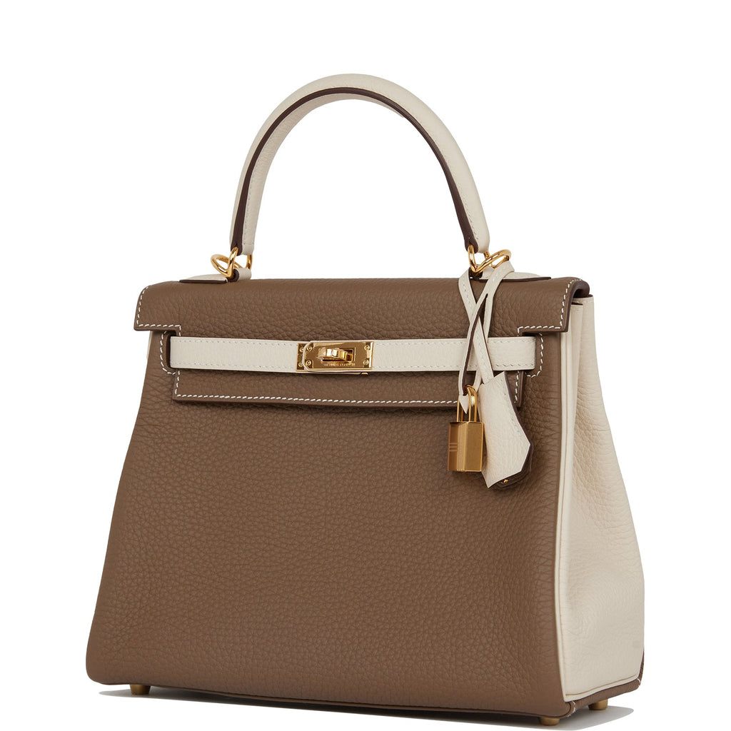 Hermes Special Order (HSS) Kelly Retourne 25 Etoupe and Craie Togo Gold Hardware