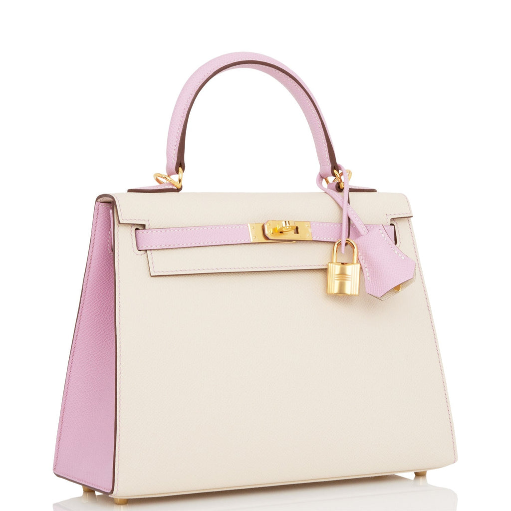 Hermes Special Order (HSS) Kelly Sellier 25 Craie and Mauve Sylvestre Epsom Gold Hardware