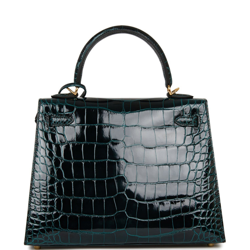 Hermes Kelly Sellier 25 Vert Rousseau Shiny Alligator Gold Hardware