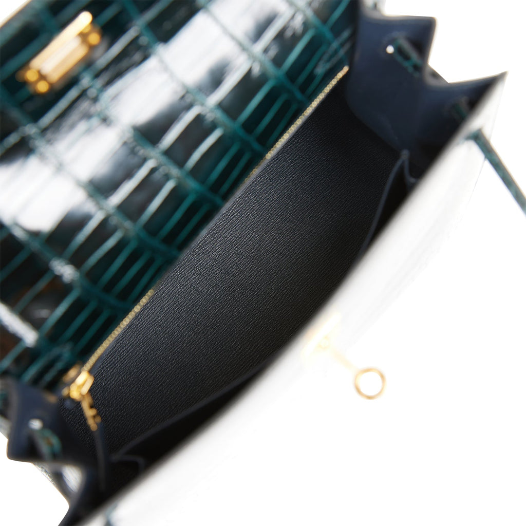 Hermes Kelly Sellier 25 Vert Rousseau Shiny Alligator Gold Hardware