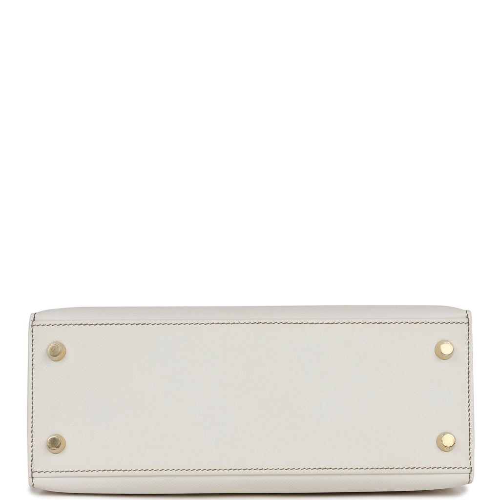 Hermes Special Order (HSS) Kelly Sellier 25 White and Etoupe Epsom Gold Hardware