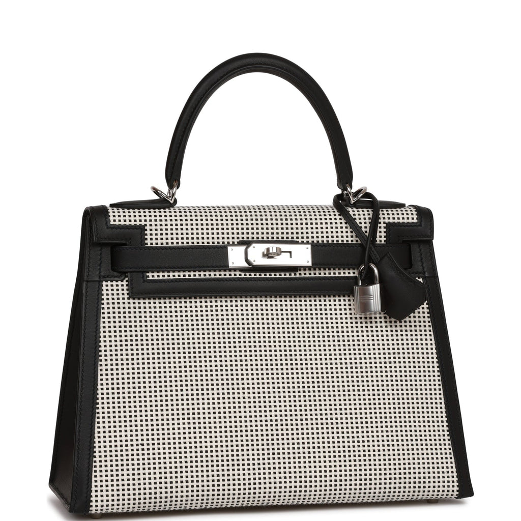Hermes Quadrille Kelly Sellier 28 Black Toile and Swift Palladium Hardware