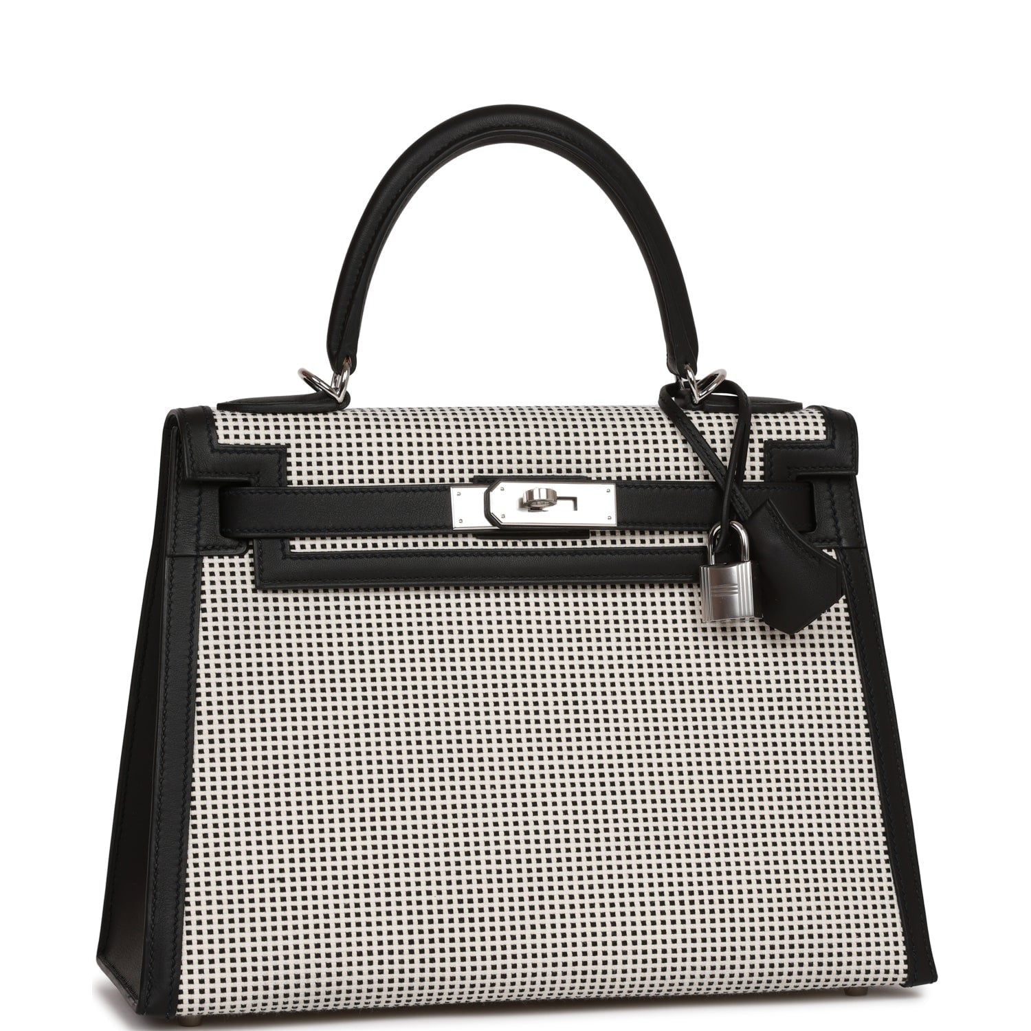 Hermes Quadrille Kelly Sellier 28 Black Toile and Swift Palladium Hardware