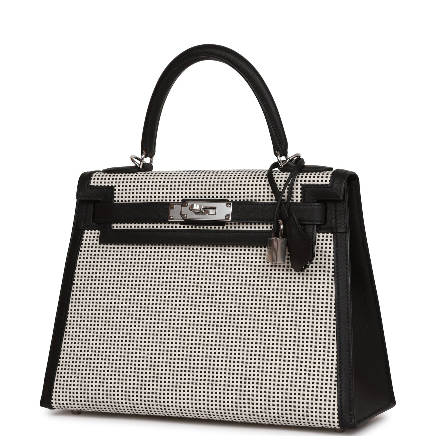 Hermes Quadrille Kelly Sellier 28 Black Toile and Swift Palladium Hardware