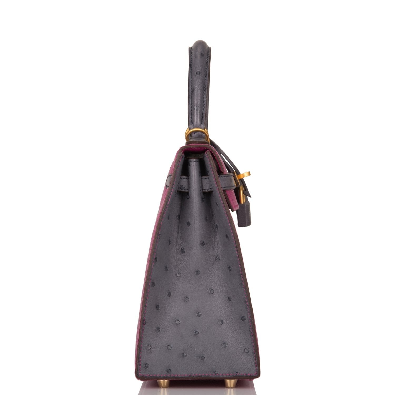 Hermes Special Order (HSS) Kelly Sellier 25 Rose Pourpre and Gris Agate Ostrich Brushed Gold Hardware