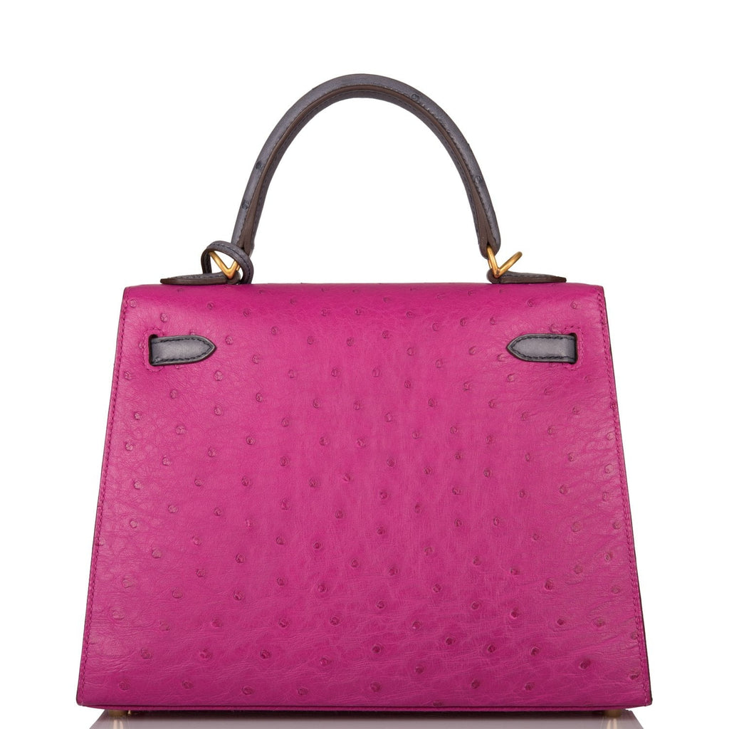 Hermes Special Order (HSS) Kelly Sellier 25 Rose Pourpre and Gris Agate Ostrich Brushed Gold Hardware